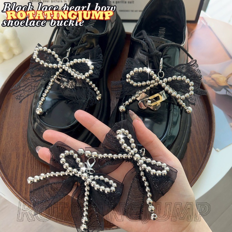 2 ชิ้น Pearl Bow รองเท้าหัวเข็มขัด-แฟชั่น, Y2K, หวาน-สําหรับรองเท้าผ้าใบ,รองเท้าหนังตกแต่ง-ลูกไม้สีดํา Bowknot Shoelace คลิป - DIY รองเท้าอุปกรณ์เสริม