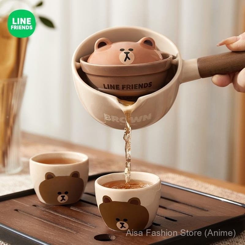 Line Friends ชุดน้ำชาเซรามิกสำหรับใช้ในครัวเรือนทนความร้อนอุณหภูมิสูงถ้วยชาชุดน้ำชากังฟูสำหรับสำนักงานกาน้ำชา