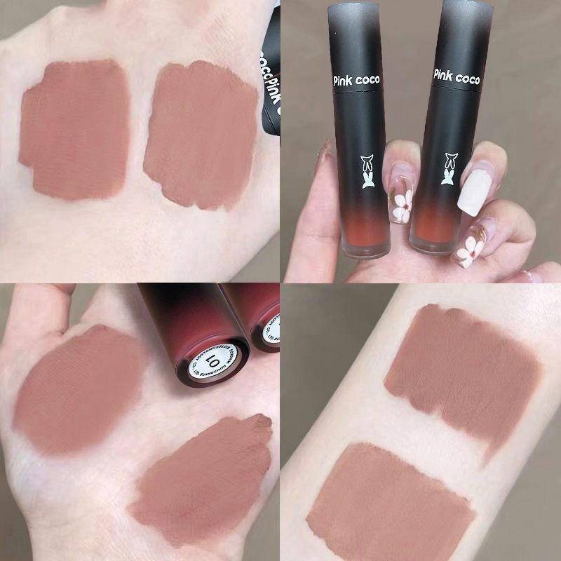 6色 ลิปกลอสสีนู้ดแมทสีน้ําตาลเข้มที่ไม่จางหายหรือติดถ้วยลิปสติกนักเรียนธรรมดากันน้ําและทนทาน