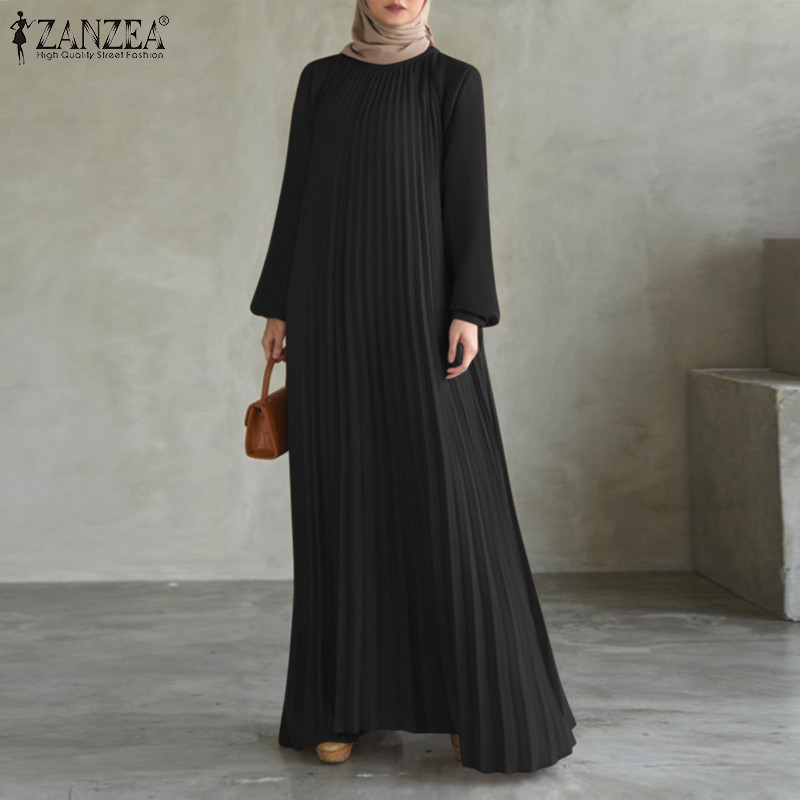 ZANZEA ซานเซีย ผู้หญิงมุสลิมแฟชั่นแขนยาวจีบรอบคอชุดสีธรรมดา