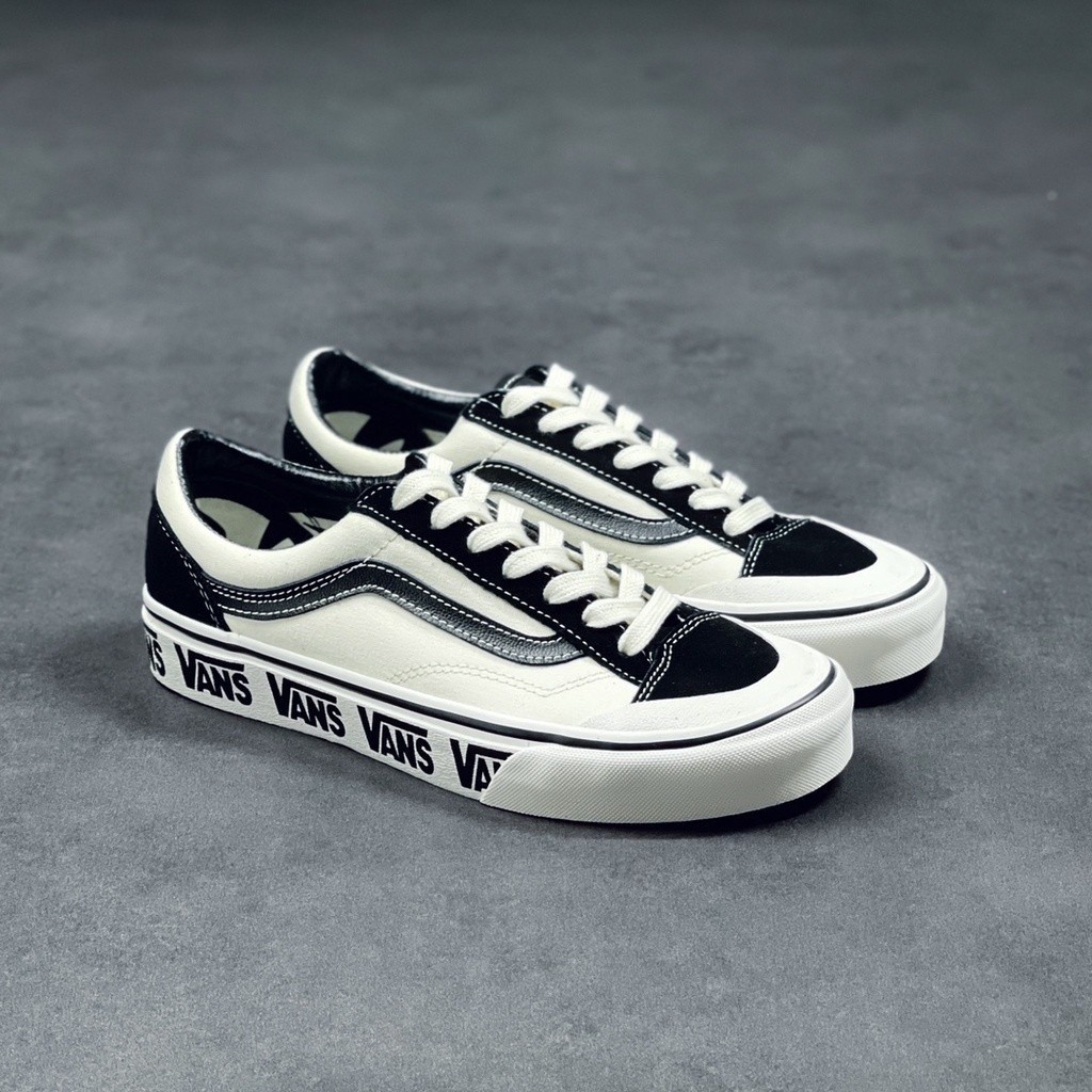 Vans Style 36 รองเท้าผ้าใบพื้นรองเท้ากลางสีดําสีเบจ Retro พิมพ์โลโก้รองเท้าผ้าใบสําหรับผู้ชายและผู้ห