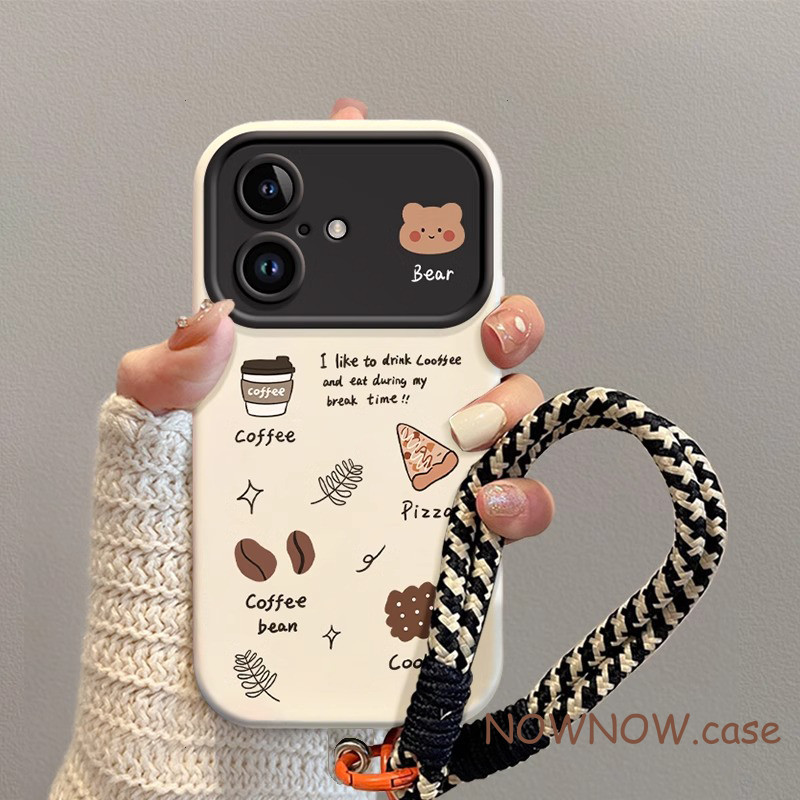 Iphone 16 15 14 13 12 11 Pro Max X XR XS Max 7 8 Plus INS การ์ตูนน่ารักหมีกาแฟพร้อมเชือกแขวนเคสโทรศัพท์ปกอ่อน