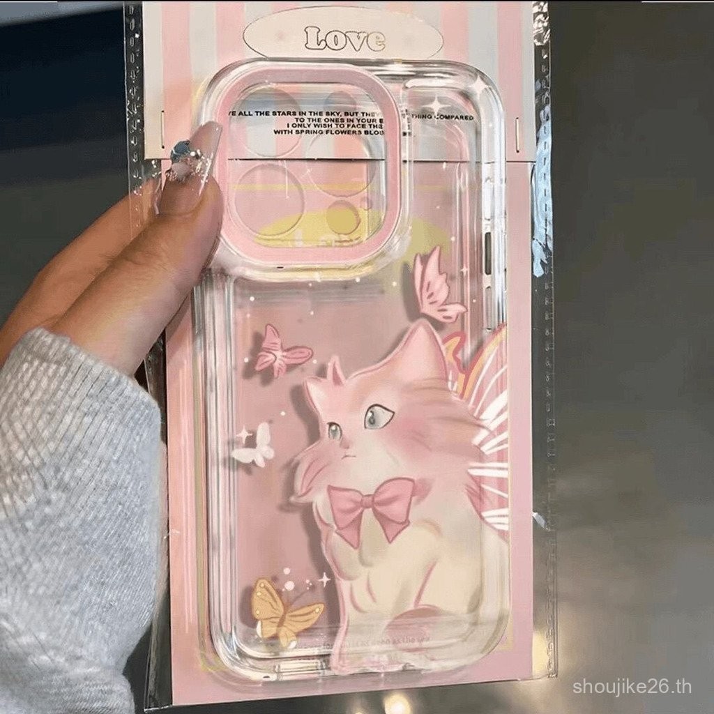สีชมพูลายผีเสื้อน่ารักสำหรับแมวแอปเปิ้ล16PROMAX เคสโทรศัพท์อวกาศ iphone15/14/13ซิลิโคน XS senv