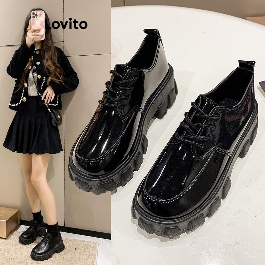 Lovito ลำลองสีพื้นใหม่สไตล์อังกฤษมัฟฟินก้นหนารองเท้าหนังขนาดเล็กหัวมนญี่ปุ่น Jk Loafers รองเท้าสำหรับผู้หญิง LFA52069