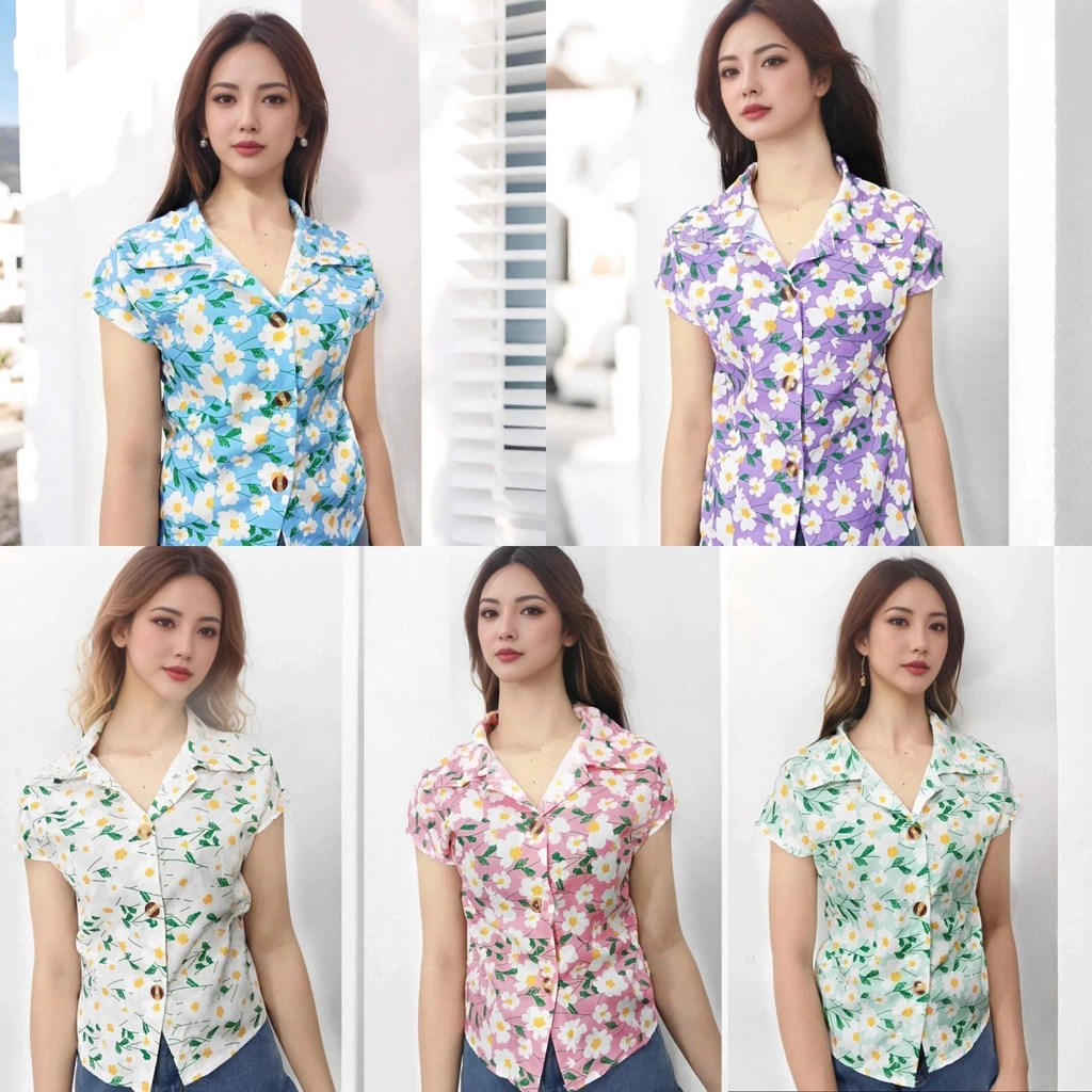 เสื้อแขนสั้นลายดอกไม้ผู้หญิง