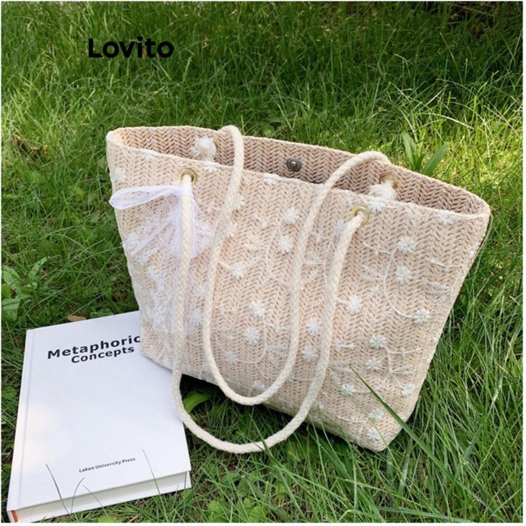 Lovito กระเป๋าโท้ทสะพายไหล่ผู้หญิง ความจุสูง แต่งลูกไม้ สีพื้น สไตล์โรแมนติก LFA25225