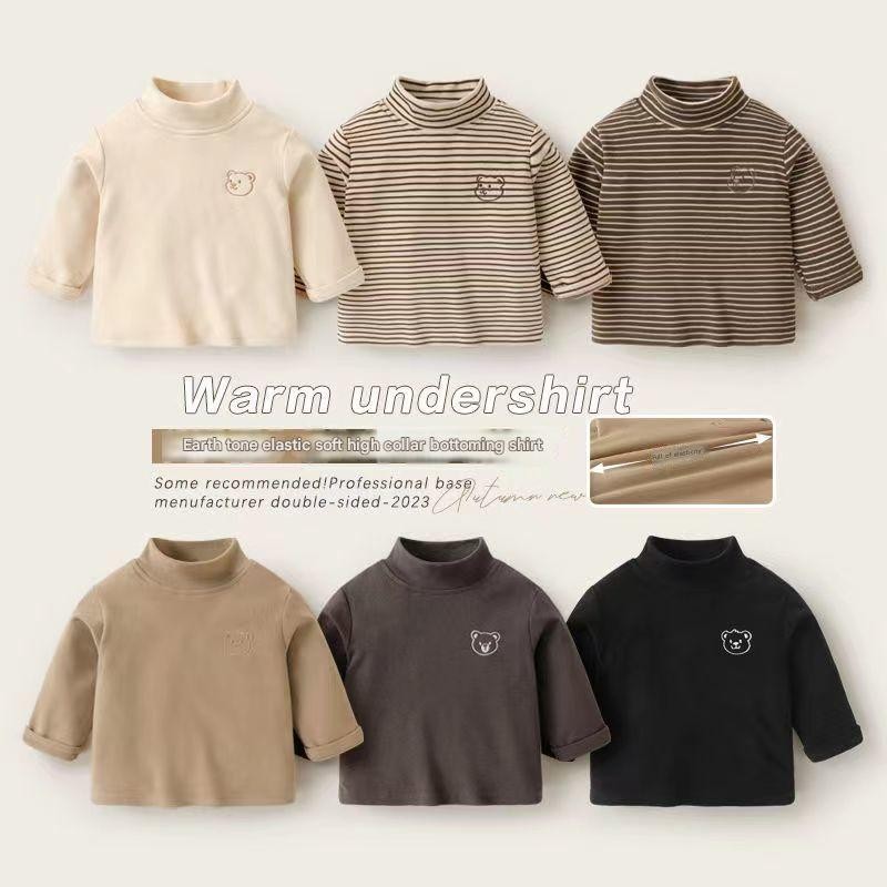 เสื้อยืดแขนยาวเด็กชายฤดูใบไม้ร่วงฤดูหนาวสไตล์ใหม่เวอร์ชั่นเกาหลีผ้าฝ้ายแท้คอสูงแฟชั่นที่เรียบง่ายการ์ตูนเย็บปักถักร้อยสบายเยอรมันกํามะ