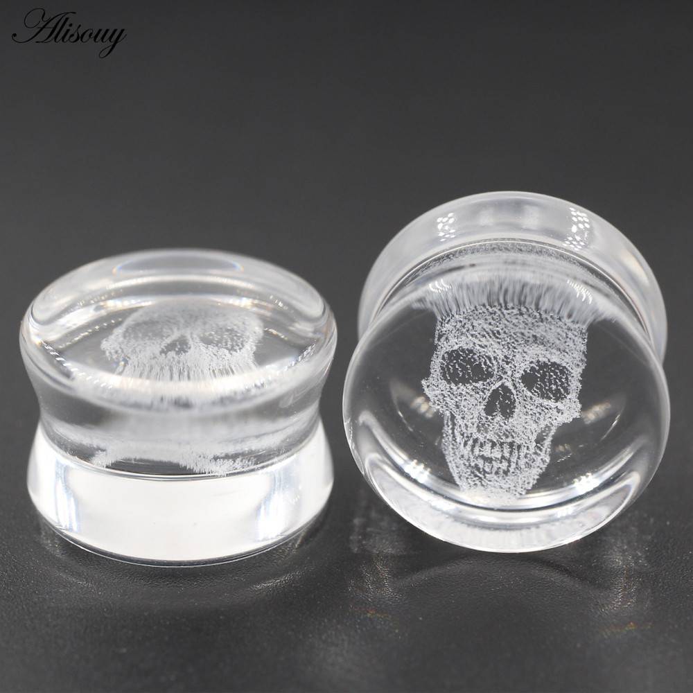 Alisouy 2 ชิ้นใหม่แก้วใส Skull Flared หูอุโมงค์ปลั๊กเนื้อ Expander Gauges ต่างหูเจาะเครื่องประดับ