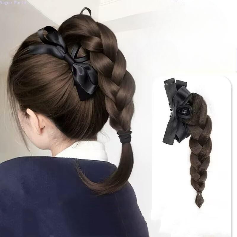 Vogue ธรรมชาติ Fluffy Warped Braid วิกผมหญิงผมหางม้าสูง Bow Clasp Horsetail คว้าคลิปเพิ่มผมวิกผม