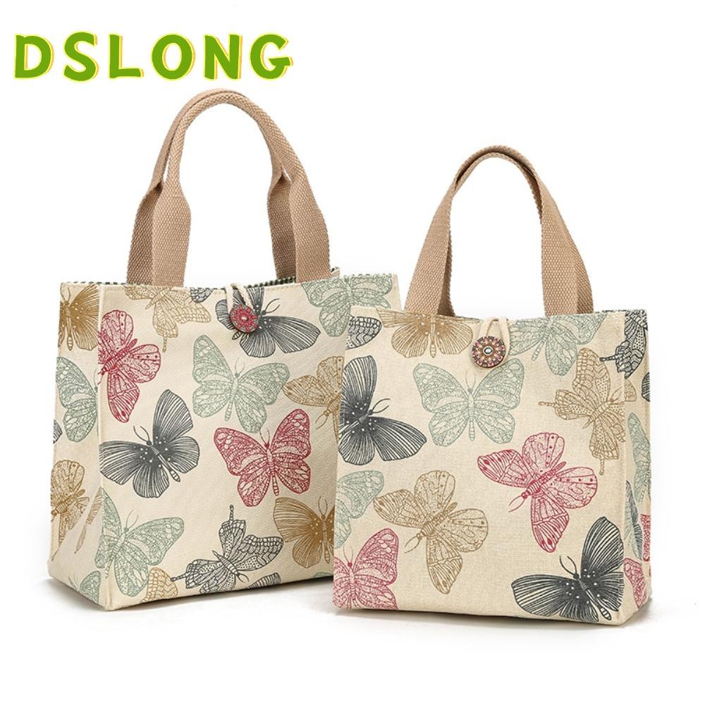 DSLONG กระเป๋าผ้าแคนวาส พิมพ์ลายผีเสื้อ ความจุขนาดใหญ่ สําหรับใส่อาหารกลางวัน