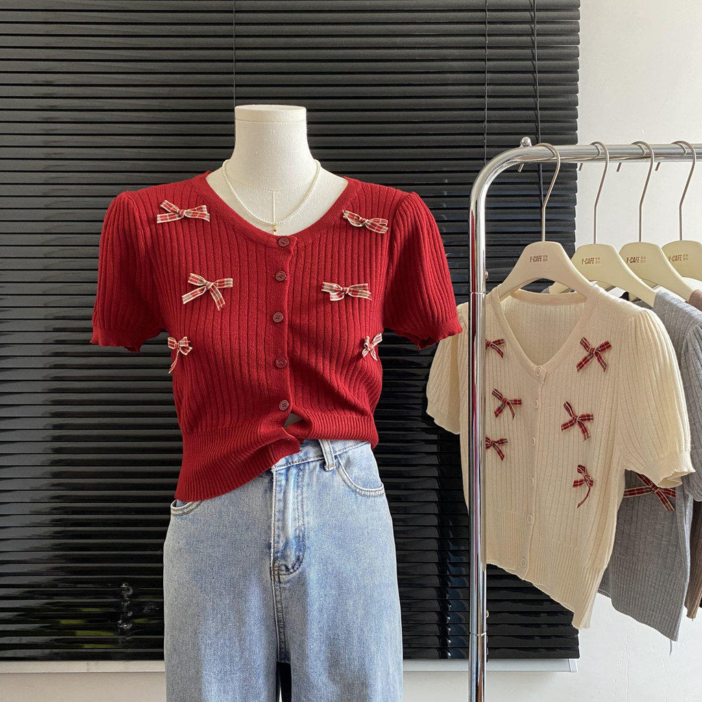 Sweet Beauty ฤดูร้อนโบว์แขนสั้นถักใหม่ภาษาฝรั่งเศสคําผู้หญิง Slim V คอสั้นถัก 2VTD