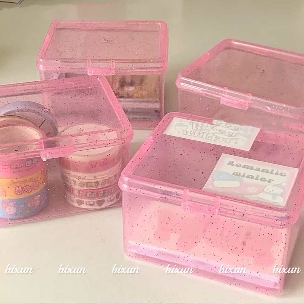 Pink Fine Glitter โปร่งใสพลิกฝาปิด Organizer ความจุขนาดใหญ่มัลติฟังก์ชั่กันฝุ่น Sundry Photocard กล่องเก็บเครื่องเขียน