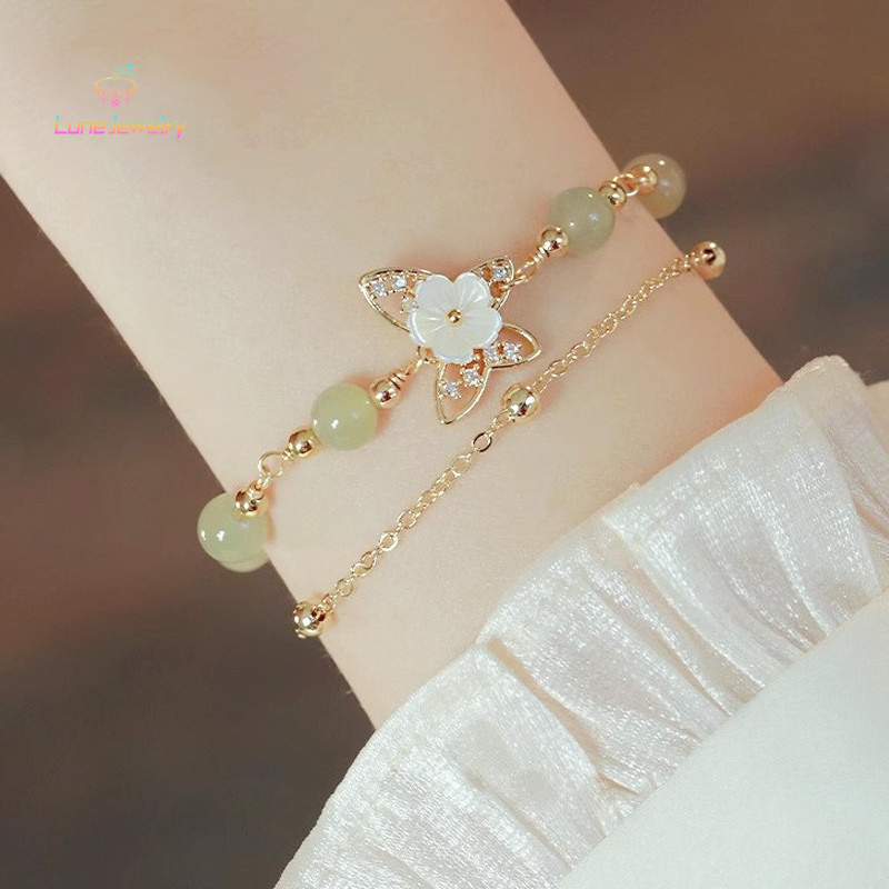 COD💖ดอกไม้สองชั้น สร้อยข้อมือลูกปัดโซ่ชุบทอง ปรับได้ แฟชั่น ระดับไฮเอนด์  ผู้หญิง เครื่องประดับ ของขวัญ﻿-Lune