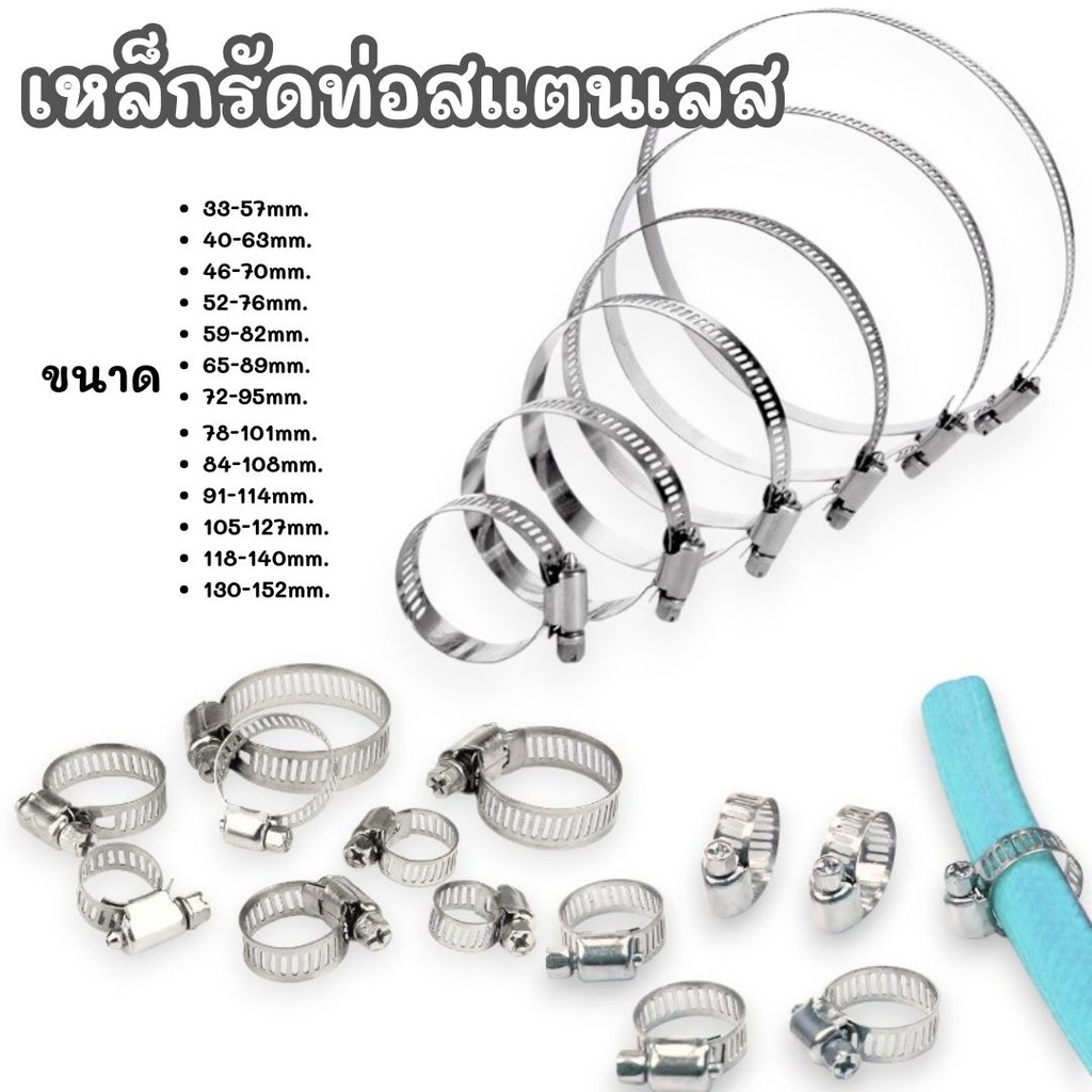 เข็มขัดรัดสายยาง เหล็กรัดท่อสแตนเลส 304 แคล้มรัดท่อ ขนาด 6-44mm.  #AJ-0019