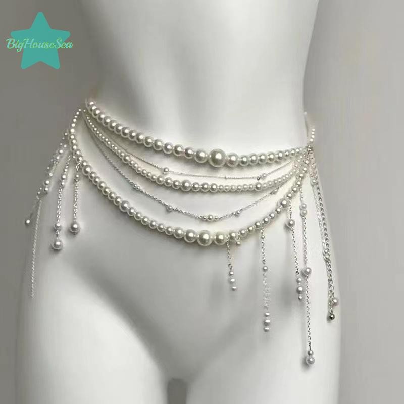 [BigHouseSea] แฟชั่นหลายชั้นดอกไม้ sel เอว Retro Pearl เอวสําหรับผู้หญิงสาว Body Chain เสื้อผ้าอุปกรณ์เสริมของขวัญใหม่