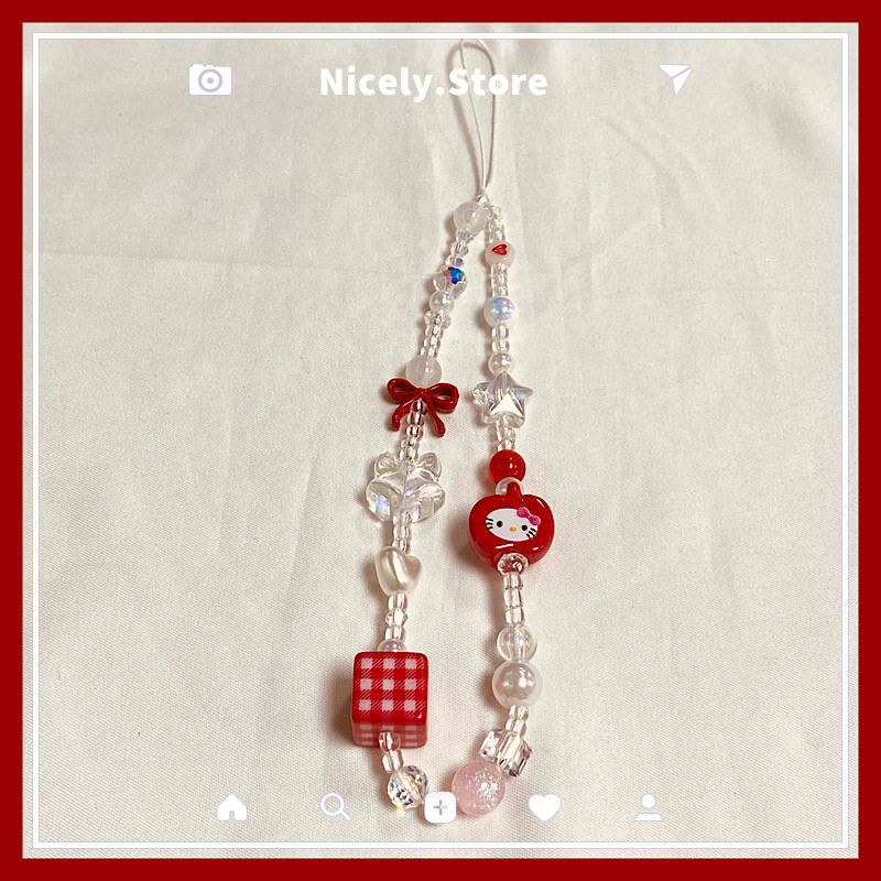 เกาหลี Apple Hello Kitty Star Chain โทรศัพท์มือถือ Bowknot จี้สร้อยข้อมือ Loving Heart Pearl อุปกรณ์เสริมกล้อง Anti-los เชือกเส้นเล็กสายคล้อง