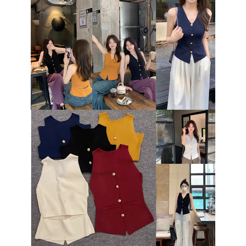 Gakki เสิ้อกล้ามแขนกุดไหมพรม เสื้อกั๊กผู้หญิงกระดุมแถวเดียวสไตล์เกาหลี รุ่น A20252#