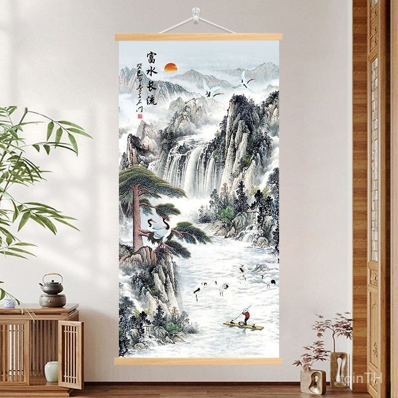 ภาพวาดจีนห้องนั่งเล่นนำโชคภาพวาดแขวนภูมิทัศน์ภาพวาดตกแต่งผ้าไม้เนื้อแข็งทางเข้าทางเดินในบ้านทางเดินแนวตั้งแขวนภาพวาดผนัง