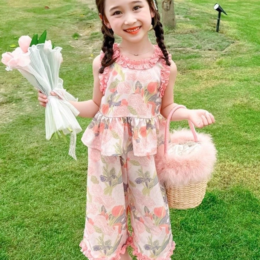 ชุดดอกไม้สำหรับเด็กผู้หญิง ชุดฤดูร้อนใหม่ เสื้อกั๊กและกางเกงขากว้าง ชุดสองชิ้นสำหรับเด็กทารกผู้หญิง