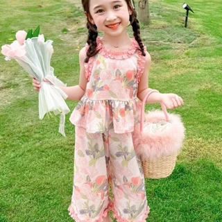 ชุดดอกไม้สำหรับเด็กผู้หญิง ชุดฤดูร้อนใหม่ เสื้อกั๊กและกางเกงขากว้าง ชุดสองชิ้นสำหรับเด็กทารกผู้หญิง