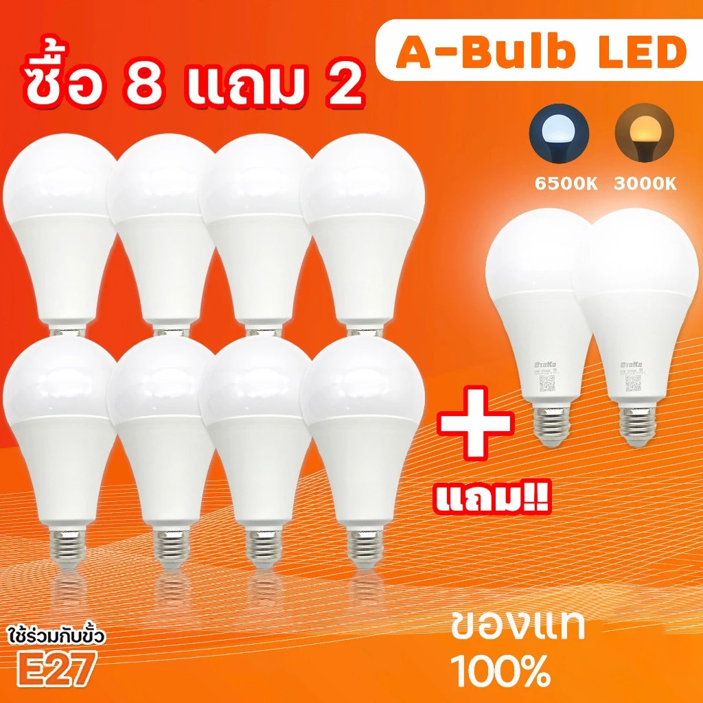 ซื้อ 8 แถม 2 หลอดไฟ LED หลอดไฟบางเฉียบ 220V หลอดประหยัดไฟ 5W 9W 12W 15W 18W 24W หลอดประหยัดไฟ E27 ก้านเกลียว