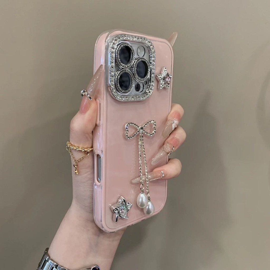 หรูหรา พลอยเทียม พู่โบว์เคสโทรศัพท์สําหรับ ไอโฟน16 15 14 13 12 11มือโปร สูงสุด กล้องกันกระแทกมาพร้อมกับเลนส์ป้องกันป้องกันการหล่นนุ่มปกหลัง