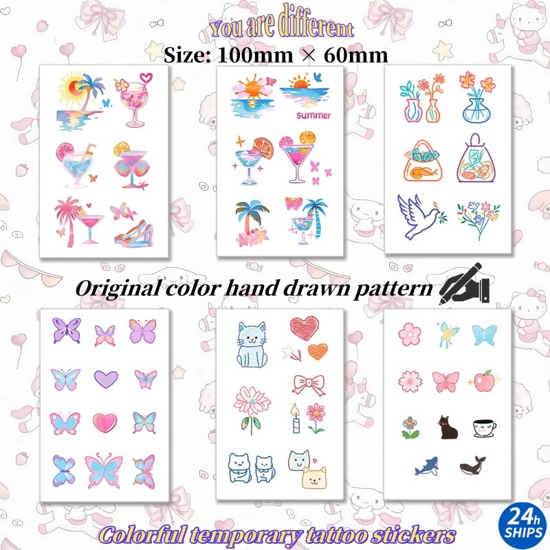 6ชิ้นแก้วไวน์รวมกันรูปแบบสักน่ารักสาวข้อมือสักสติกเกอร์รอยสักกันน้ํายาวนาน7วันผิวสติกเกอร์ชั่วคราวปลอม