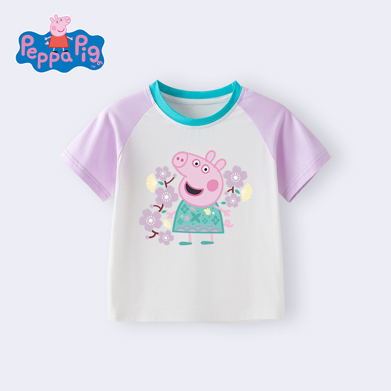 Peppa Pig เสื้อยืดแขนสั้นฤดูร้อนบางผ้าไหมน้ําแข็ง Cool Modal Raglan แขนเด็กการ์ตูนเสื้อยืด