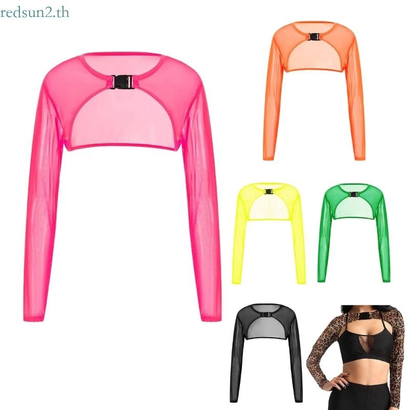 Women  Sheer Mesh Long Sleeve Crop  Solid Color Slim Cover Up with Buckle