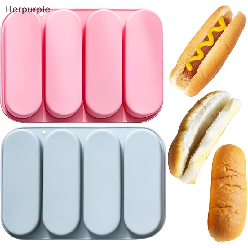 Herpurple Hot Dog Bun Pan, ซิลิโคน Hotdog Bun Pan, Non-Stick Hot Dog Bun Mold 4 ถ้วยรูปแบบขนมปังแซนวิชกรอบถาดอบ TH