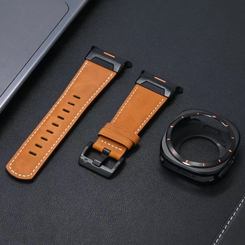 สายหนัง + เคสป้องกันสําหรับ Samsung Galaxy Ultra 47 มม. สร้อยข้อมือสําหรับ Galaxy Ultra Crazy Horse รูปแบบสายหนัง