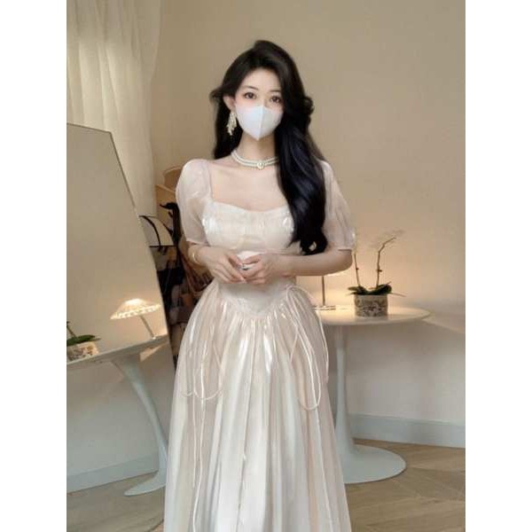 ชุดงานบวช ชุดไปงานบวช เดรสสาวอวบ แสงจันทร์สีขาวแชมเปญก้างปลาแคบ-เอวพัฟแขนชุดหญิงลําแสงชุดหนีเจ้าหญิง