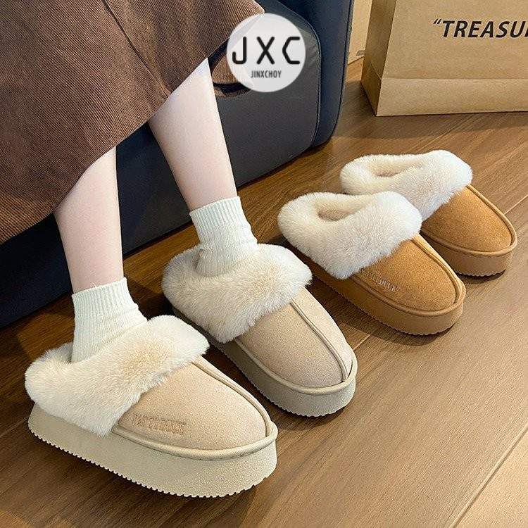 รองเท้าแตะส้นกลางผ้ากำมะหยี่หัวกลมสไตล์เกาหลี PU แบบสวมน้ำหนักเบาแฟชั่นเกาหลีวัย