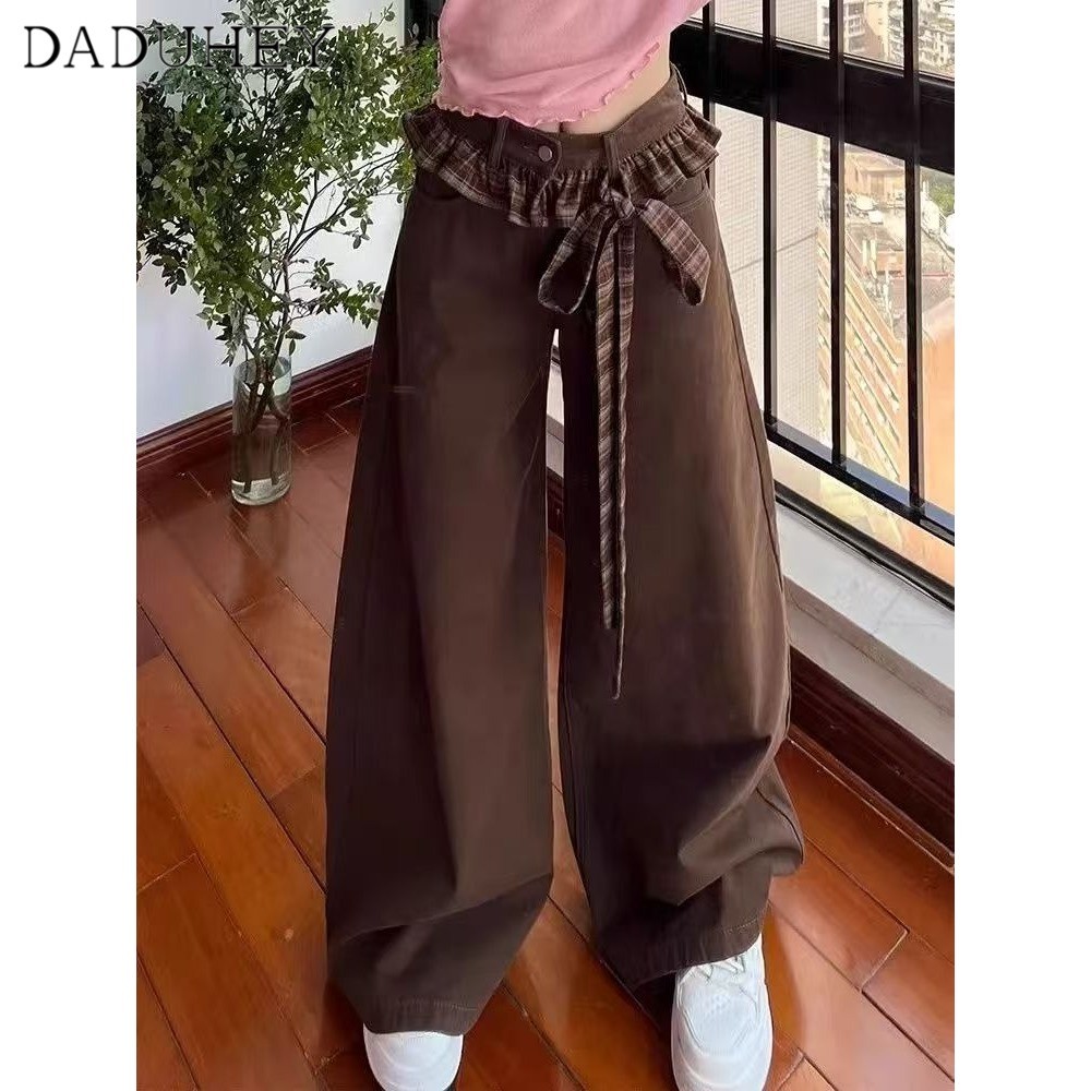 DaDuHey2026 Women's 2026 Summer New Brown Plaid Straight Jeans American Retro High Waist Fashion Loose Wide-Leg Pants