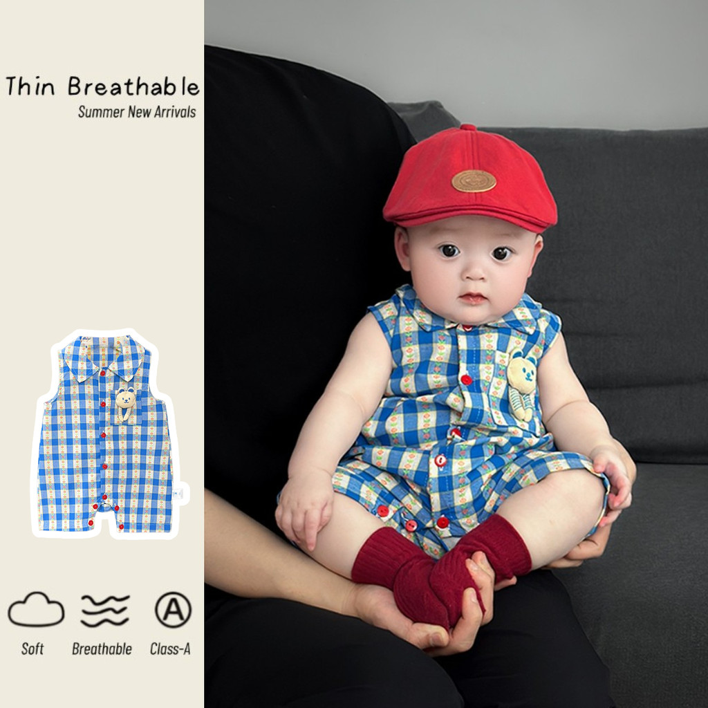 คุณภาพสูง ฤดูร้อนใหม่เสื้อผ้าเด็กทารกชายและหญิงแขนกุดบอดี้สูท 0-24 เดือนเด็กน่ารักสุดน่ารักหล่อลายสก๊อตการ์ตูนหมีสไตล์เกาหลี ชุดรอมเปอร์