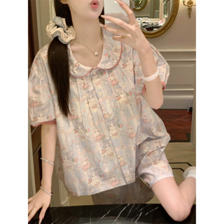 ชุดนอนผู้หญิงฤดูร้อนสไตล์ใหม่ดอกไม้แมวกางเกงขาสั้นแขนสั้น ชุ…