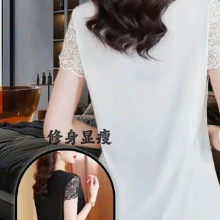 ใหม่ลูกไม้สั้นเสื้อยืดผู้หญิงคอวีแขนสั้นลูกไม้แขนสั้นใส่แล้วดูผอมปกปิดเนื้อสไตล์ตะวันตกครึ่งแขน