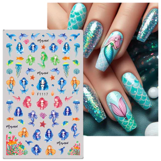 HAMA เล็บเล็บสติกเกอร์ขายส่งชายหาดฤดูร้อน Ocean Goldfish แมงกะพรุนสาหร่าย Dolphin Mermaid ผีเสื้อดอกไม้ตกแต่งเล็บสติกเกอร์ Decals