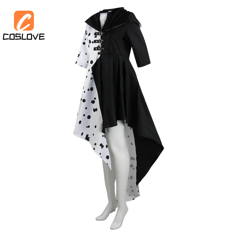 Cruella De Vil คอสเพลย์เสื้อผ้าชุดเครื่องแต่งกายสําหรับผู้หญิงยาว Black & White Dot กระโปรง Stage Performance คอสเพลย์ - รูปที่ 2