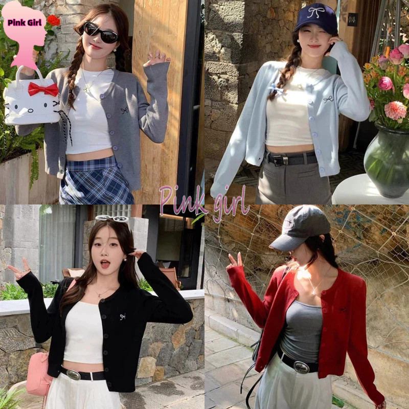 💋Pink girl💋​【เสื้อคาร์ดิแกนไหมพรมแขนยาว】เสื้อสีแดง ปักโบว์แต่งหน้าอก เสื้อใส่ปีใหม่ผู้หญิง"Z-YX12