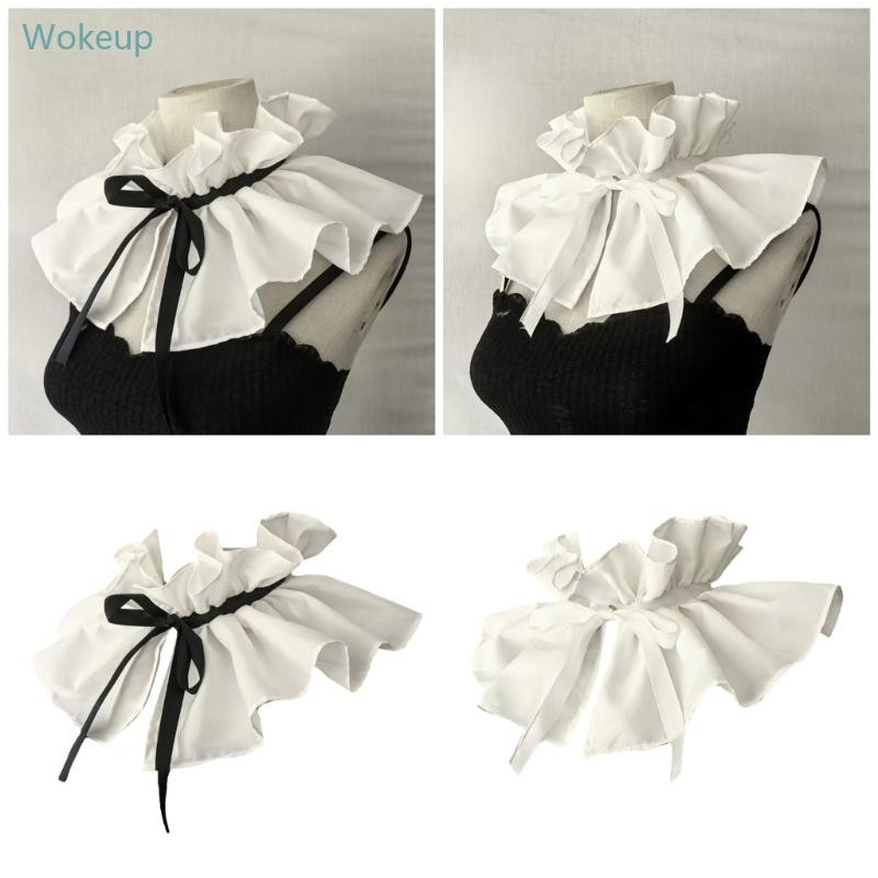 Wake ผู้หญิง Victorian Ruffle Stand False Collar Vintage Ribbon Tie จีบผ้าคลุมไหล่ Cape