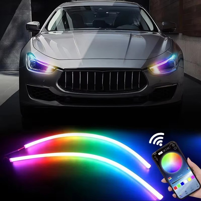 12V 2PCS DRL รถ LED ไฟวิ่งกลางวัน APP ควบคุมยืดหยุ่น RGB Symphony ไหลไฟเลี้ยวแถบไฟหน้าโคมไฟตกแต่ง