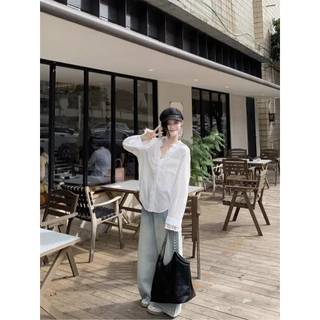mimi&didi#เสื้อเชิ้ตแขนยาวคอวีลายลูกไม้เย็บปะติดปะต่อเซ็กซี่ เสื้ออารมณ์ความยาวปานกลางสำหรับสวมใส่ด้านนอก#W509