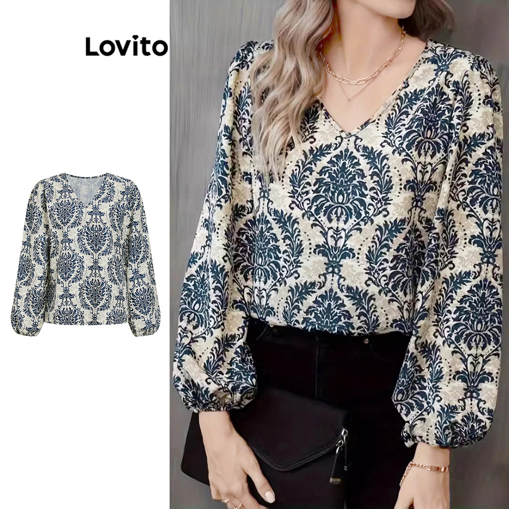 Lovito เสื้อเบลาส์สไตล์โบฮีเมียนลายเพสลีย์สำหรับผู้หญิง L109MD244