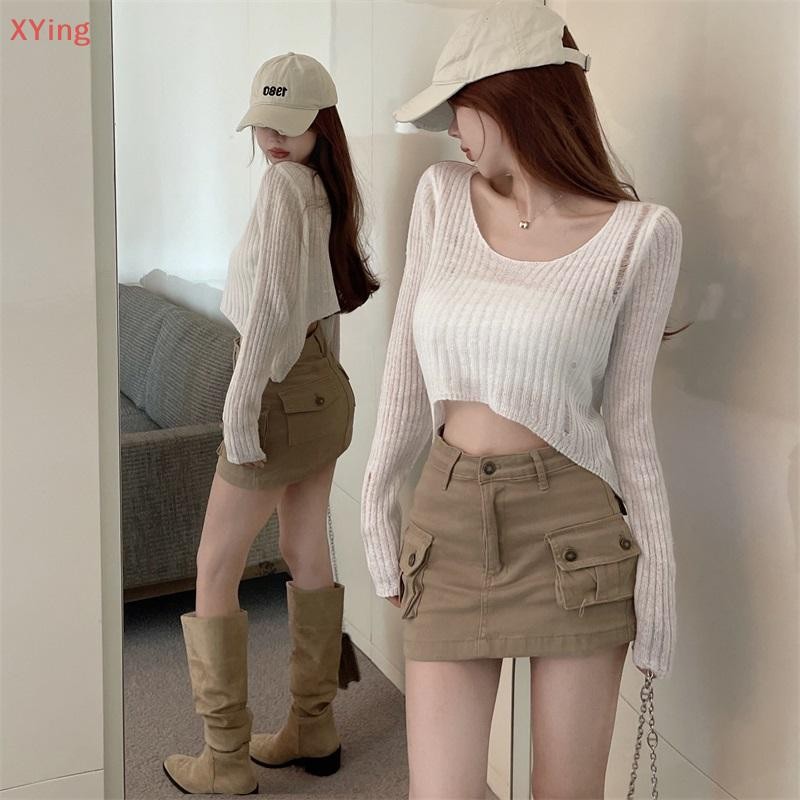 [Xy] ฤดูใบไม้ร่วงผู้หญิงเซ็กซี่กลวงคอกลมแขนยาวถักเสื้อกันหนาวไม่สม่ําเสมอขายร้อน