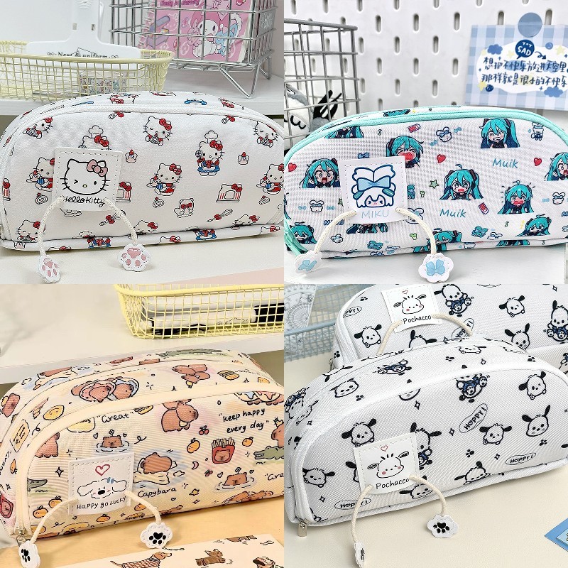 SANRIO การ์ตูน ซานริโอ เชือกรูด กล่องดินสอความจุขนาดใหญ่หลายชั้นเก็บกล่องดินสอน่ารักนักเรียนเครื่องเขียนกระเป๋าเก็บ