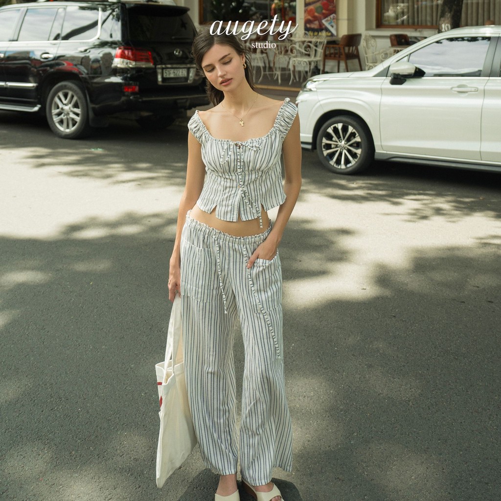 Set Off-Shoulder Buttoned Top and Plaid Linen-Leg Pants, JOSI SET AUGETY