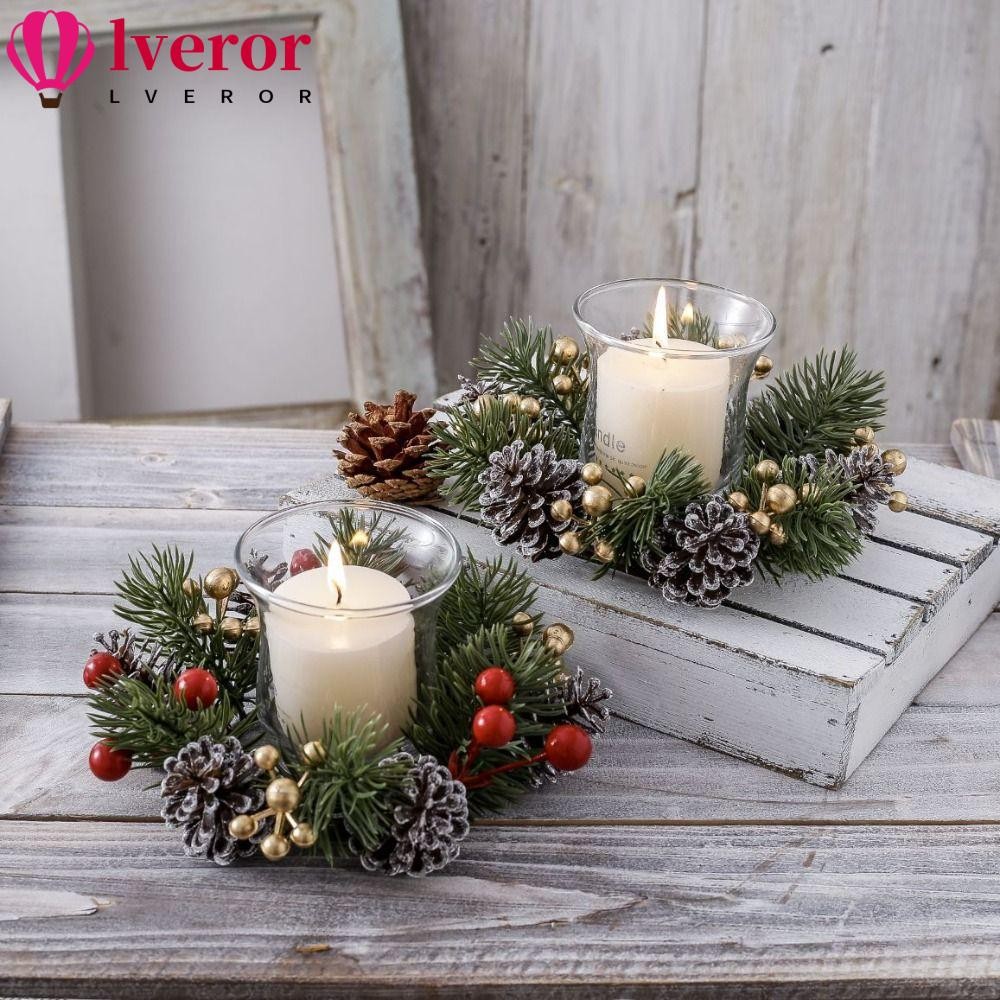 Lveror แหวนเชิงเทียน,พร้อม Pinecone และ Berry 20 ซม.แหวนเทียนคริสต์มาส,พลาสติกประดิษฐ์ขนาดเล็กตกแต่งคริสต์มาสเทียนคริสต์มาสพวงหรีด