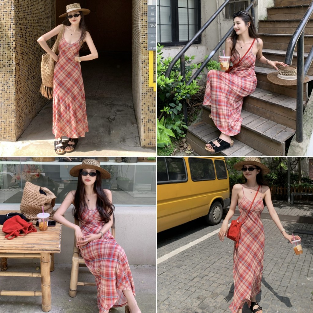 Hotgirl พร้อมส่ง ชุดเดรสสายคล้องคอคอวีลายตารางสุดอินเทรนด์ สไตล์วันหยุดสุดชิค สง่างามและเซ็กซี่
