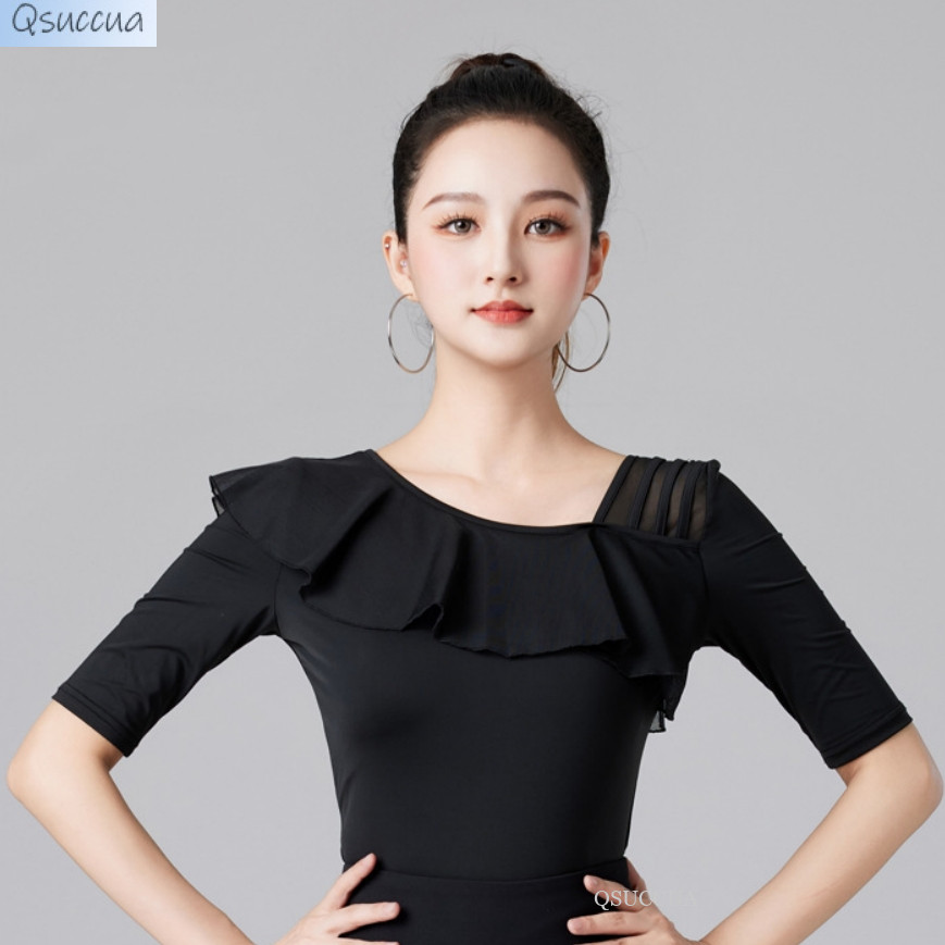 Qsuccua ผู้ใหญ่สุภาพสตรี Latin Ballroom Dance Ruffle Collar แขนสั้น Top